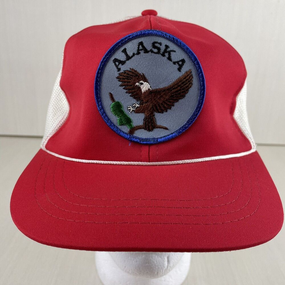 Vintage Alaska Mesh Trucker Snapback Hat Cap Rope Large Patch Red White Sam Jung